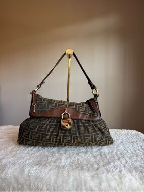 Fendi Brown Zucca Canvas Shoulder Bag with Leather Trim
